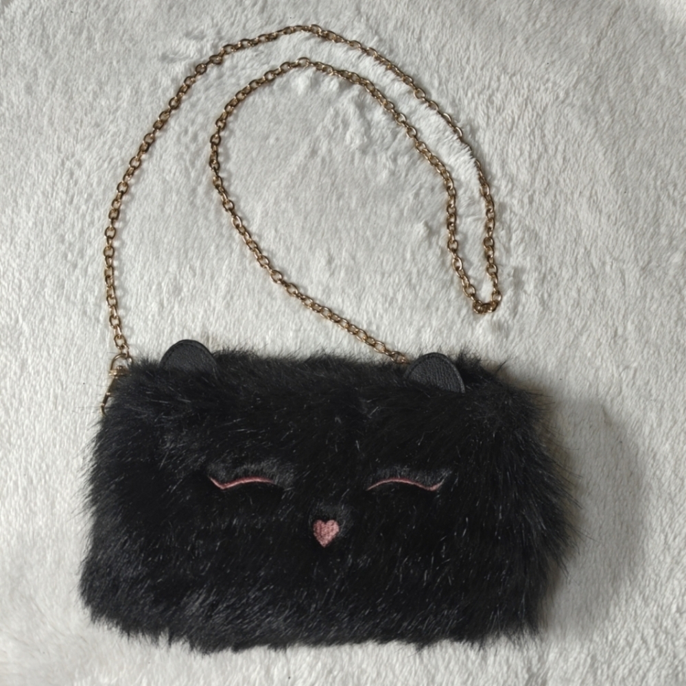 Small Black Furry Kitty Cat Girls Womens Crossbody Purse Handbag Gold Chain USB